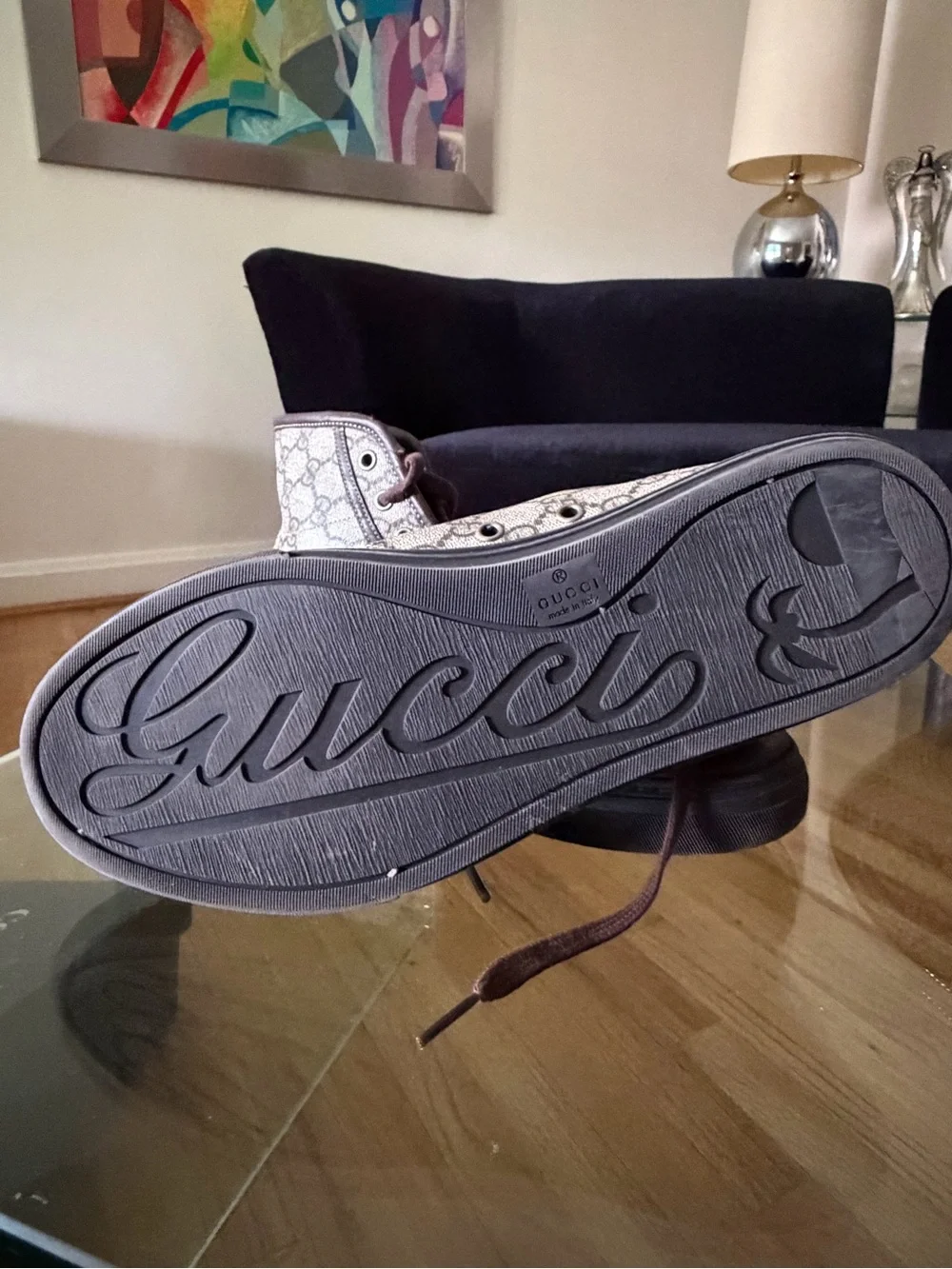 Gucci Men's Brown GG Canvas High-Top Sneakers with Leather Trim
